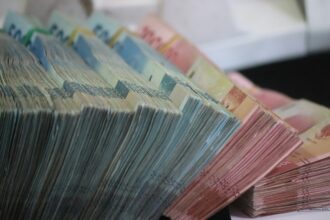 A close-up of colorful stacked banknotes fanned out in rows, showing multiple denominations and colors (e.g., euros).