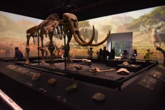 Museum exhibit displaying a full mammoth skeleton with long curved tusks; visitors observe in the background.
