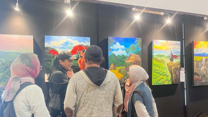 People in an art gallery viewing colorful landscape paintings on black walls.
