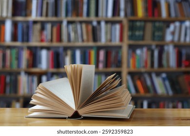 Open book spread fanned on a wooden table with shelves of books in a library in the background.