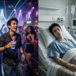 Split image: lively nightclub left with a dancing man holding a cup and colorful lasers; partygoers cheer in the background, neon signs visible to imply a club scene on the left side of the image to communicate the party context and atmosphere at the event.