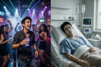 Split image: lively nightclub left with a dancing man holding a cup and colorful lasers; partygoers cheer in the background, neon signs visible to imply a club scene on the left side of the image to communicate the party context and atmosphere at the event.