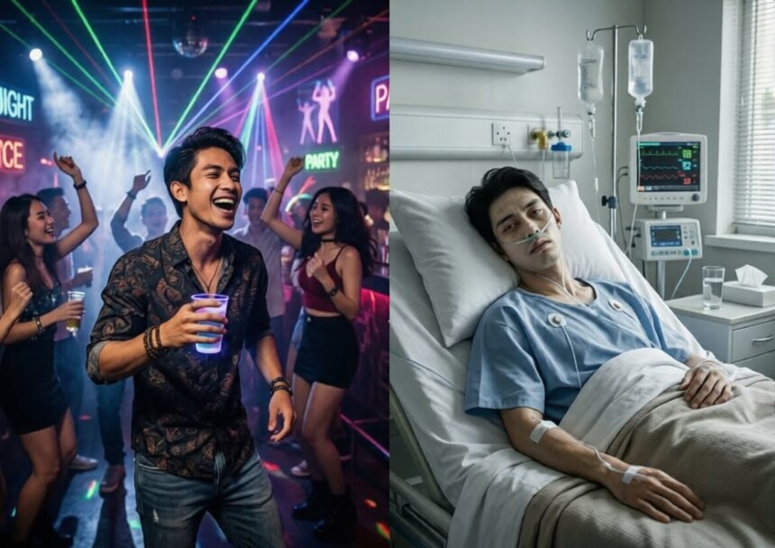 Split image: lively nightclub left with a dancing man holding a cup and colorful lasers; partygoers cheer in the background, neon signs visible to imply a club scene on the left side of the image to communicate the party context and atmosphere at the event.