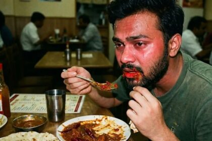 Man with a beard and red sauce on his lips eats with a spoon at a booth in a casual restaurant, surrounded by other diners at wooden tables.