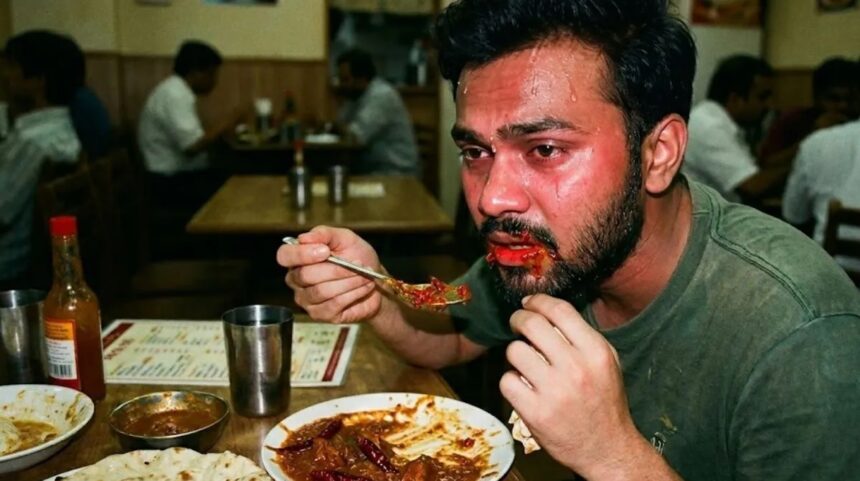 orang kepedesan by onlymyhealth com - Mabur.co Man with a beard and red sauce on his lips eats with a spoon at a booth in a casual restaurant, surrounded by other diners at wooden tables.