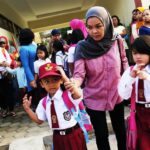 Group of children in uniforms with backpacks outside a school, adults nearby awaiting drop-off.