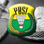 PBSI emblem (Indonesian Badminton Association) with a shuttlecock and badminton rackets in the background.