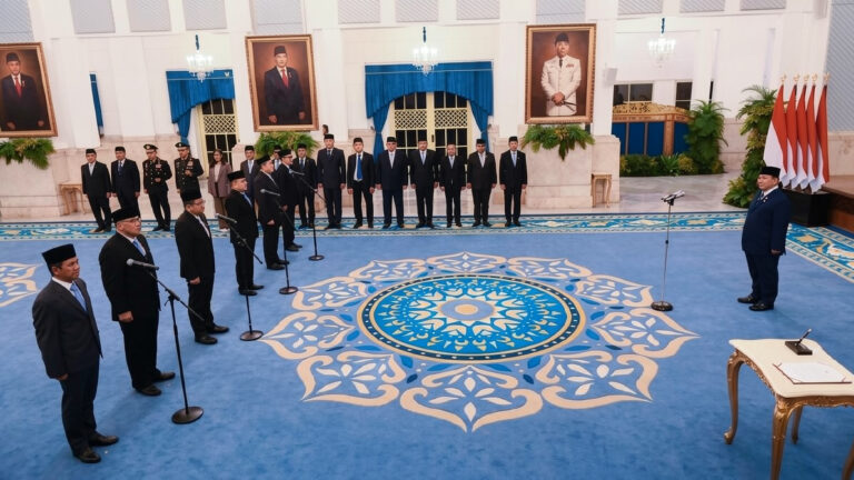 Formal ceremony in a grand hall with men in suits standing in rows and a speaker at a microphone, surrounded by portraits and blue carpet patterns.
