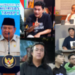 Collage of Indonesian men in different settings: a government official at a podium, a man recording a podcast, a speaker at a table, a man wearing a cap, a man with long hair, and a group of people in a discussion.