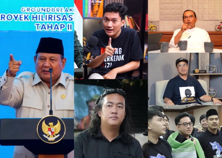 Collage of Indonesian men in different settings: a government official at a podium, a man recording a podcast, a speaker at a table, a man wearing a cap, a man with long hair, and a group of people in a discussion.