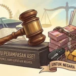 Illustration of a judge's gavel striking a block labeled 'UU Perampasan Aset... Pemulihan Kerugian Negara' beside stacks of cash, gold bars, a lock and chain, and documents, symbolizing asset recovery for the people.