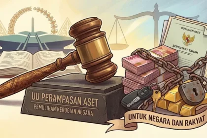 Illustration of a judge's gavel striking a block labeled 'UU Perampasan Aset... Pemulihan Kerugian Negara' beside stacks of cash, gold bars, a lock and chain, and documents, symbolizing asset recovery for the people.