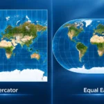 Side-by-side world maps: left shows Mercator projection with a rectangular grid; right shows Equal Earth projection with a rounded globe feel.