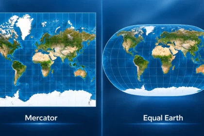 Side-by-side world maps: left shows Mercator projection with a rectangular grid; right shows Equal Earth projection with a rounded globe feel.