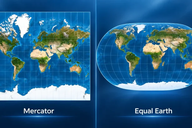 Side-by-side world maps: left shows Mercator projection with a rectangular grid; right shows Equal Earth projection with a rounded globe feel.