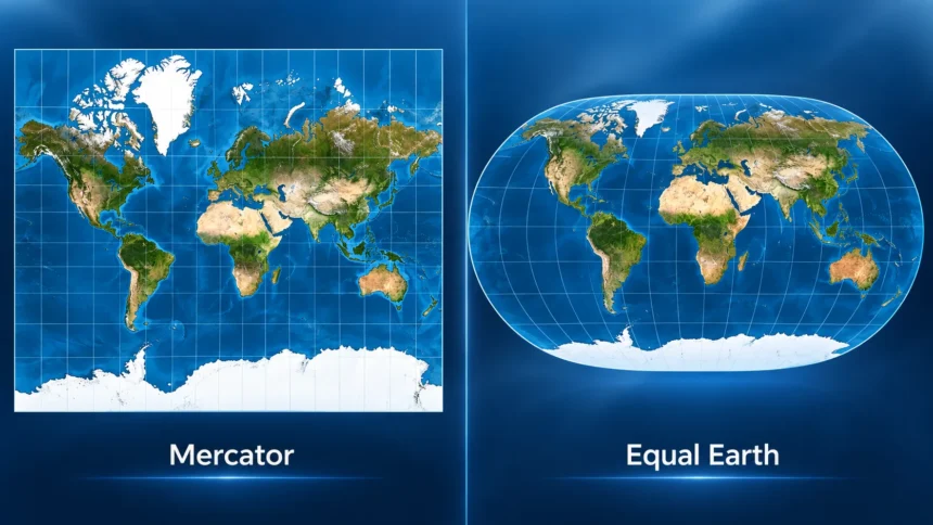 Side-by-side world maps: left shows Mercator projection with a rectangular grid; right shows Equal Earth projection with a rounded globe feel.