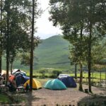 Campsite under tall trees with colorful tents and parked camper, grassy hills in the distance with a wind turbine on the hilltop at sunset.