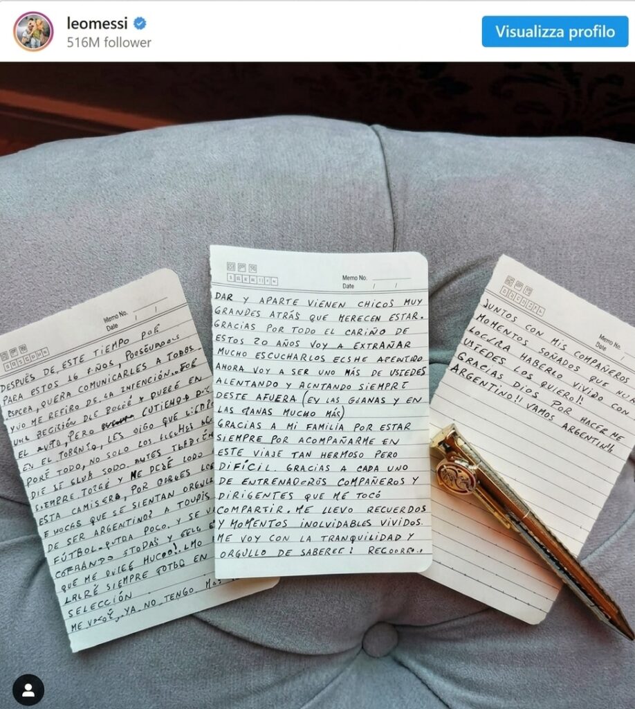 post IG Messi pensiun FIXX - Mabur.co Three handwritten letters on lined notebook pages spread on a light gray couch, with a gold wristwatch resting on the right page.