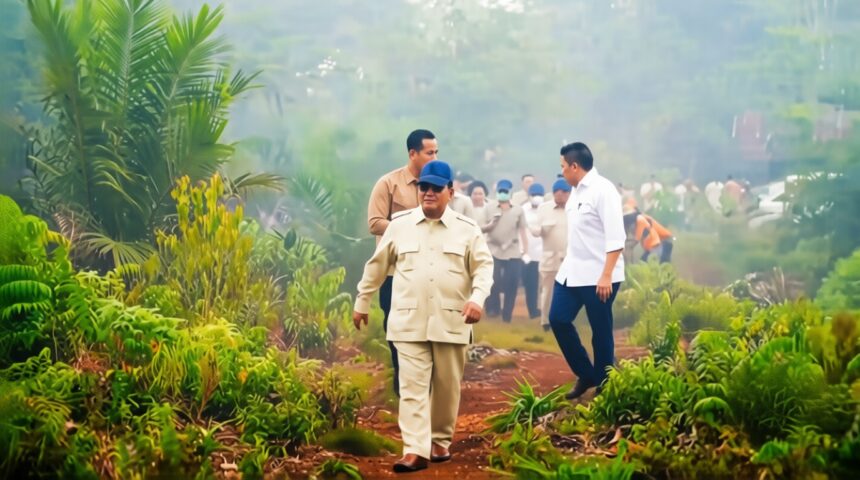 Group of officials walking along a muddy path through lush tropical plants, led by a man in a beige uniform and blue cap.