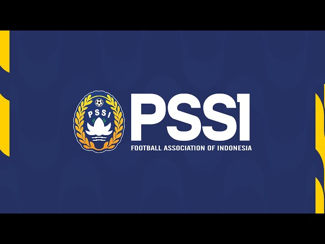Blue banner with the PSSI logo (laurel wreath and dove) and the text 'Football Association of Indonesia' on a dark blue background with yellow accents on the sides.