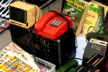 Cluttered collection of retro electronics and magazines: a beige CRT monitor, a red vintage telephone, a black appliance with a keypad, and Gun Digest magazines nearby. Also visible is a corded phone and a tray of colorful stickers in the foreground.