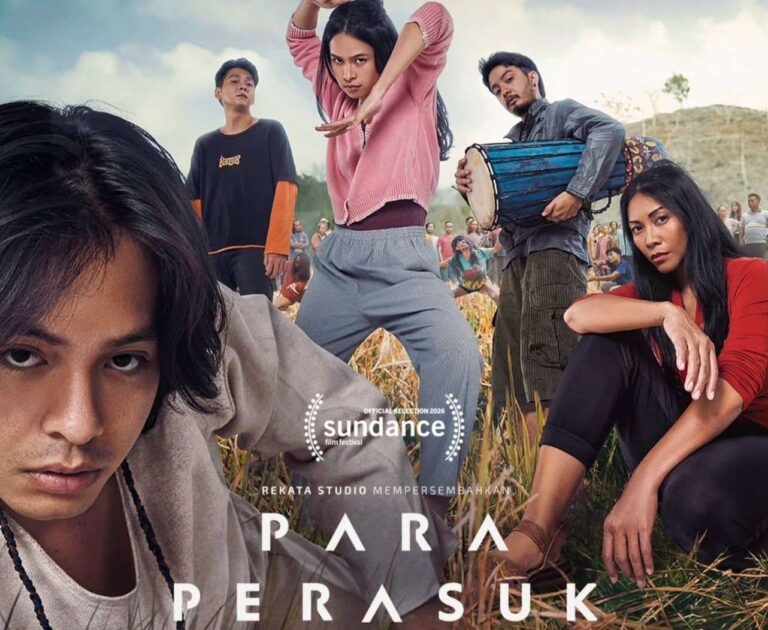 Close-up of a young man in the foreground with a group of dancers in a field, a drum player and a woman seated nearby; Sundance logo and the film title PARA PERASUK appear at the bottom—poster vibe of a contemporary indie film climb.