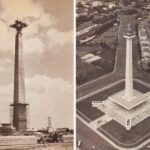 Side-by-side photos of a tall obelisk monument on a square plaza; left shows it under construction, right shows a completed aerial view with surrounding roads and buildings.