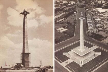 Side-by-side photos of a tall obelisk monument on a square plaza; left shows it under construction, right shows a completed aerial view with surrounding roads and buildings.