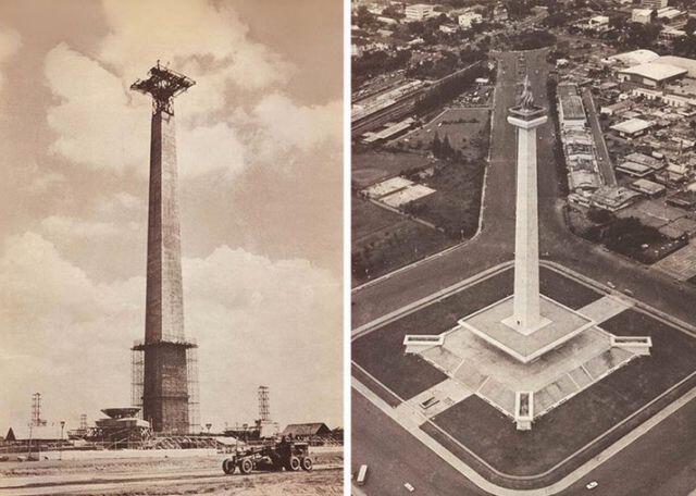 Side-by-side photos of a tall obelisk monument on a square plaza; left shows it under construction, right shows a completed aerial view with surrounding roads and buildings.