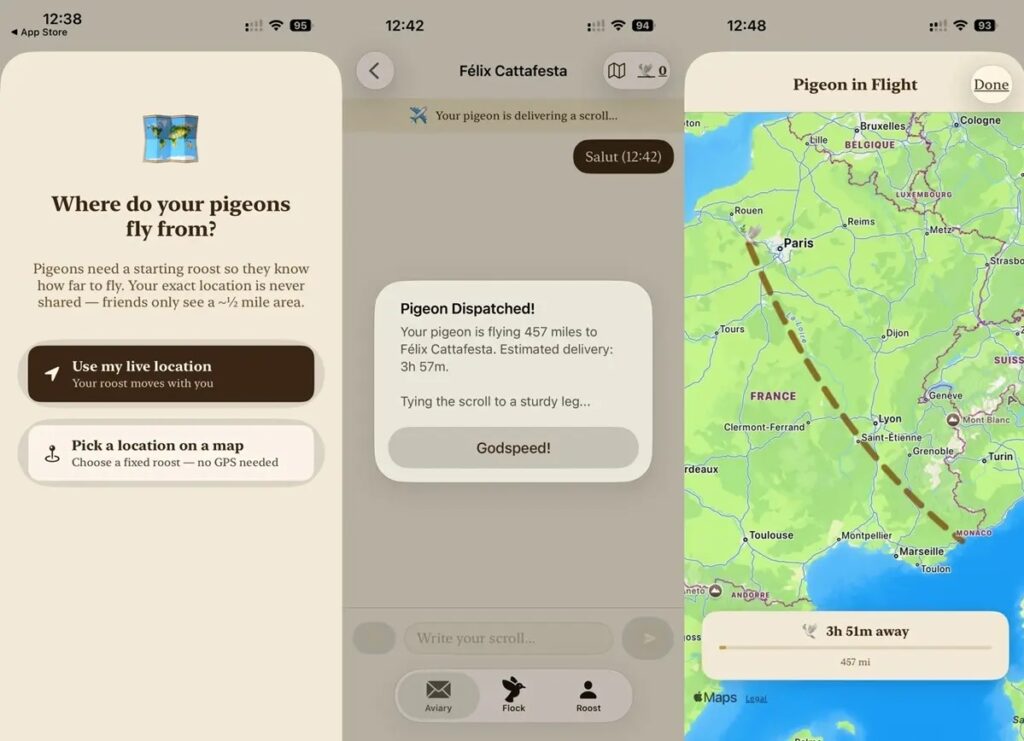 roost by androidphoria - Mabur.co Mobile app screens showing pigeon-ride workflow: choose launch location with live or map options, then a dispatch confirmation, and a flight map with a dotted route from Paris toward southern France.