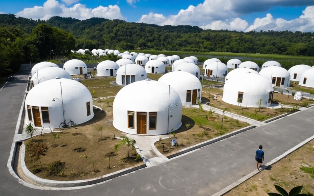 rumah dome gempa jogja 2006 FIXX - Mabur.co Cluster of white dome-shaped houses with wooden doors in a landscaped village, a person walks along a paved road in the foreground under a blue sky.