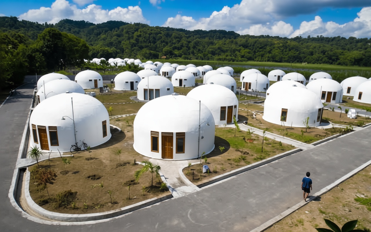 Cluster of white dome-shaped houses with wooden doors in a landscaped village, a person walks along a paved road in the foreground under a blue sky.