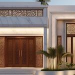 Luxurious villa facade with marble walls, tall wooden double doors, and decorative lattice panels amid a landscaped entryway.