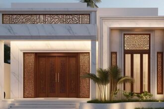 Luxurious villa facade with marble walls, tall wooden double doors, and decorative lattice panels amid a landscaped entryway.