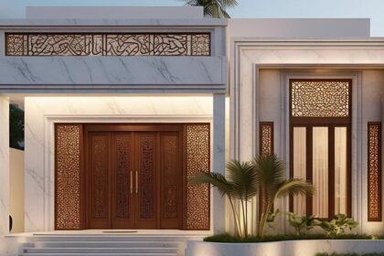 Luxurious villa facade with marble walls, tall wooden double doors, and decorative lattice panels amid a landscaped entryway.