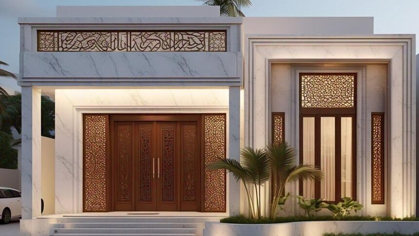 Luxurious villa facade with marble walls, tall wooden double doors, and decorative lattice panels amid a landscaped entryway.