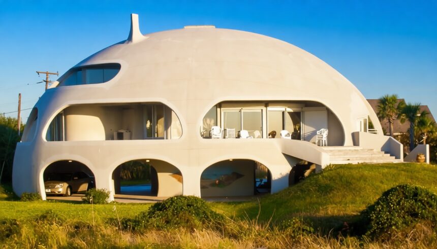 rumah tahan gempa di South Carolina AS FIXX - Mabur.co Dome-shaped modern house with arched openings and a carport beneath, on a grassy hill with a driveway and patio seating outside.