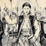 Sketch of a woman leader raising her finger amid armed men, symbolizing leadership in a historical scene.