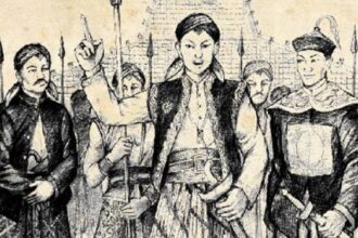 Sketch of a woman leader raising her finger amid armed men, symbolizing leadership in a historical scene.