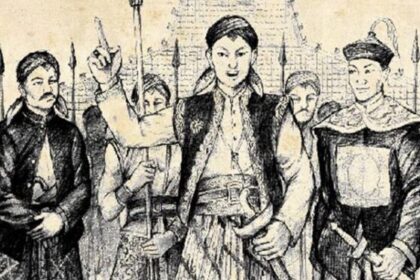 Sketch of a woman leader raising her finger amid armed men, symbolizing leadership in a historical scene.