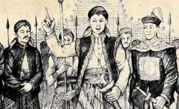 Sketch of a woman leader raising her finger amid armed men, symbolizing leadership in a historical scene.