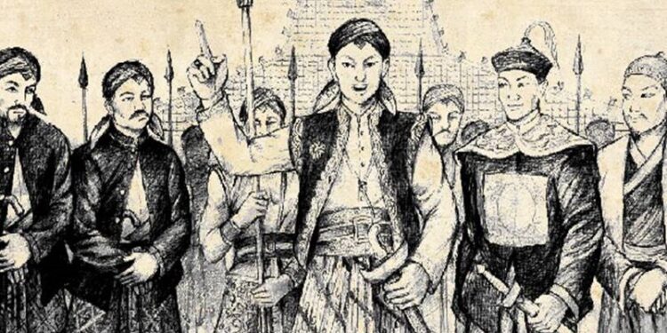 Sketch of a woman leader raising her finger amid armed men, symbolizing leadership in a historical scene.