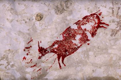 Red stencil of a dead animal spray-painted on a pale stone wall (graffiti)