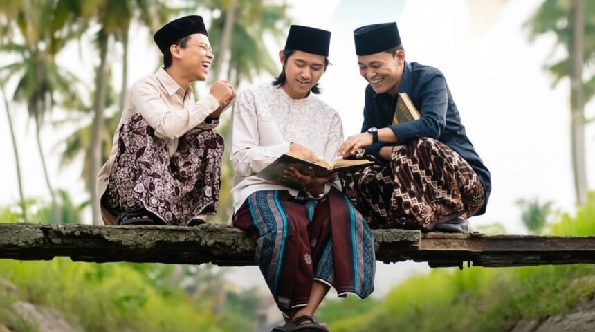 Three men in traditional Malay attire sit on a wooden beam outdoors, reading a book and laughing together.
