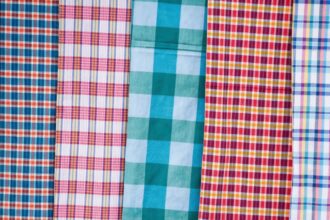 Six vertical strips of plaid fabric in blue, red, teal, yellow, and purple checks.