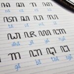Notebook page with large black stylized characters arranged in rows, blue phonetic readings beneath each, and a black pencil resting on the top right.