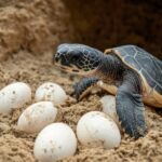 Baby sea turtle hatchling among white eggs in a sandy nest, ready to crawl to the ocean