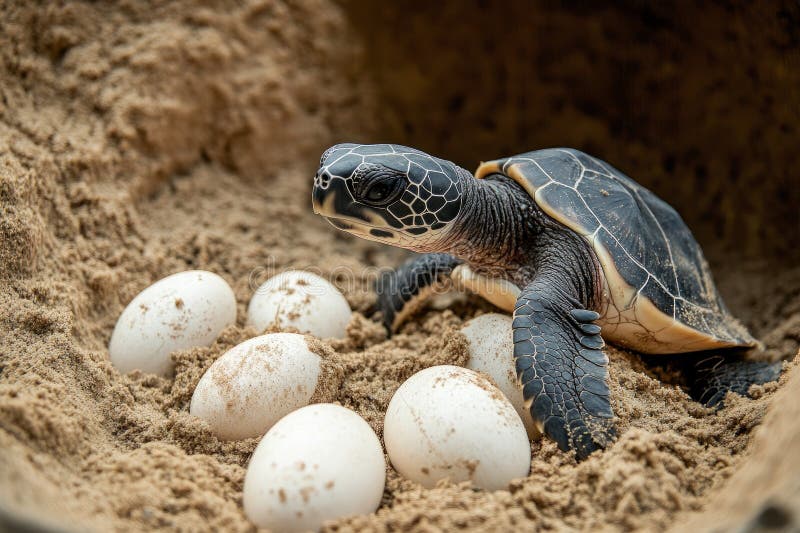 Baby sea turtle hatchling among white eggs in a sandy nest, ready to crawl to the ocean