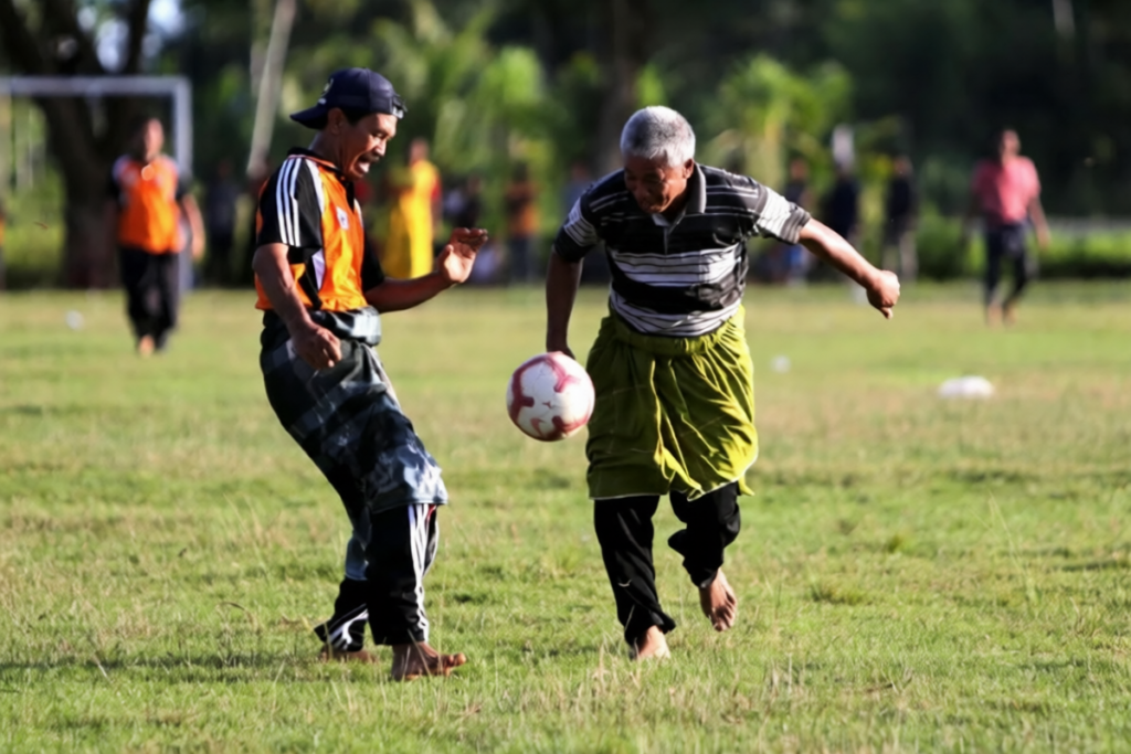 sepakbola sarung by antara foto 2-ezremove - Mabur.co Two older men playfully contest a soccer ball on a grassy field, barefoot, with one in an orange vest.