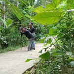Two photographers with cameras on tripods crouch on a jungle path among dense green foliage.